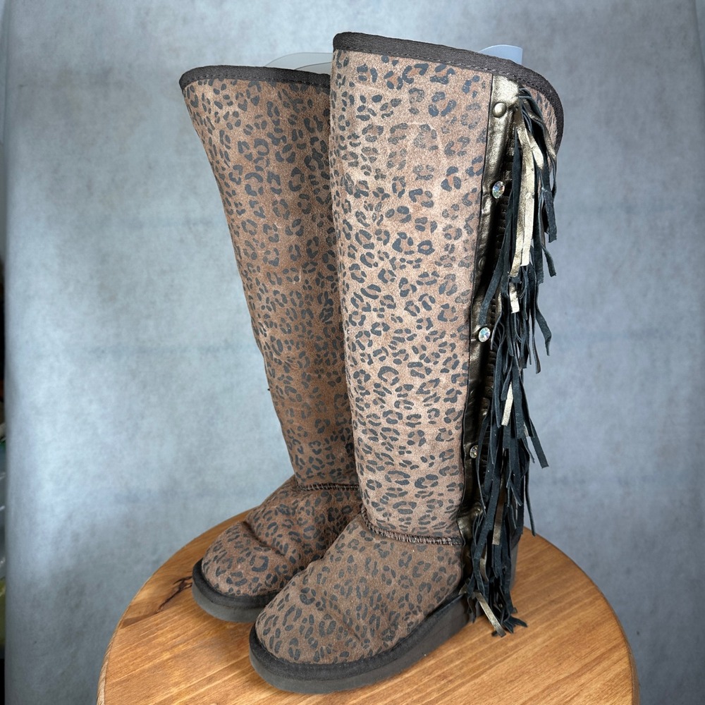 Gypsy Soule Leopard Print Fringe Tall Boots Women Size 7 Brown Gold Good